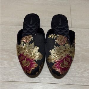 Birdies Black and Gold Embroidered Mules Slip On